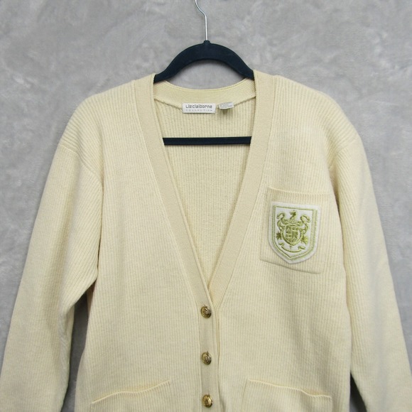 Liz Claiborne Womens M Merino Wool Logo Preppy Shield Cardigan Vintage Acadermic - Picture 3 of 10
